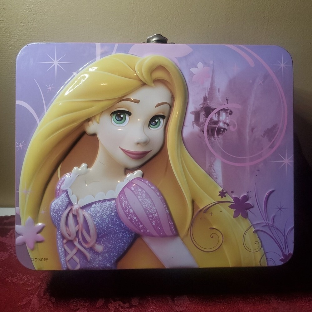 Disney Rapunzel Tangled Metal Lunch Box Kids Purple Embossed Tin Storage Case
